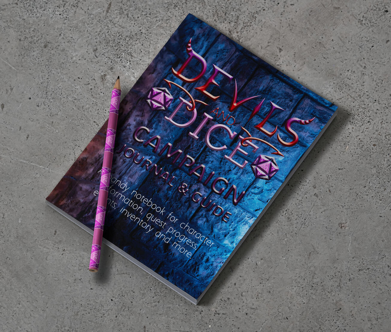 A logo design for the YouTube channel, Devils and Dice. The logo features two purple dice, a purple and pink gradient, and devilsh tails coming off the words.