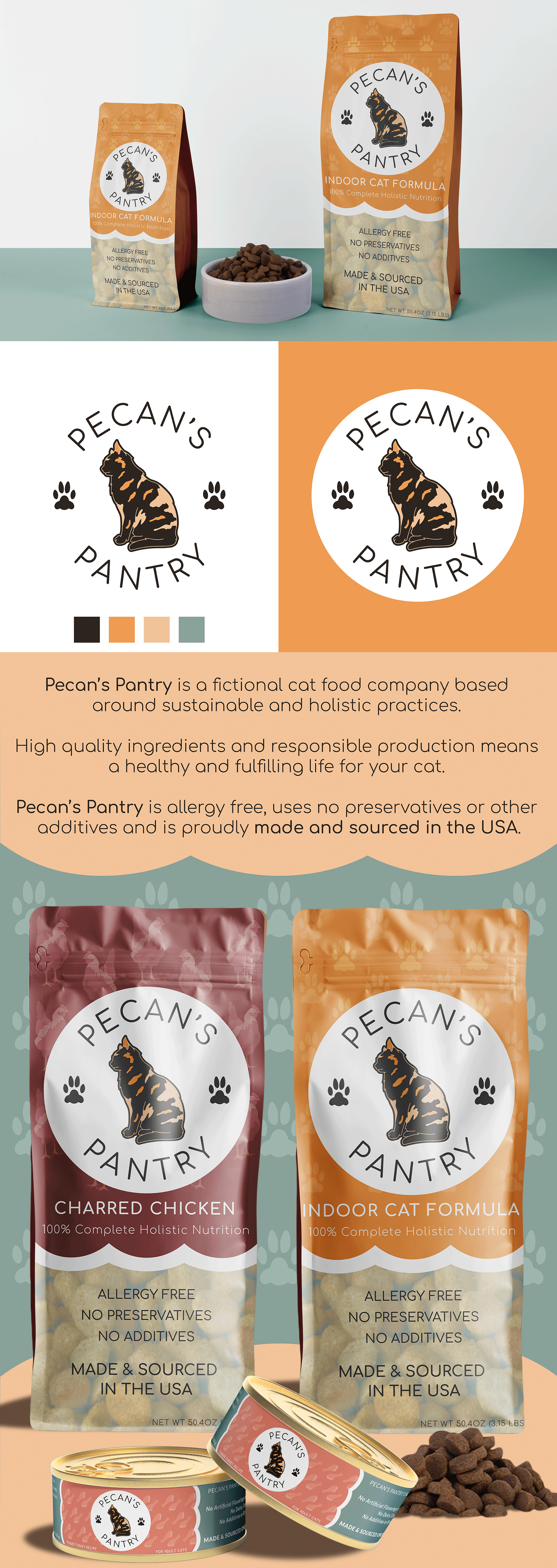 Pecan's Pantry- Packaging Design Cat food packaging design with a playful, colorful illustration of a cat, featuring bold typography and a clean layout that highlights the product's ingredients and brand.