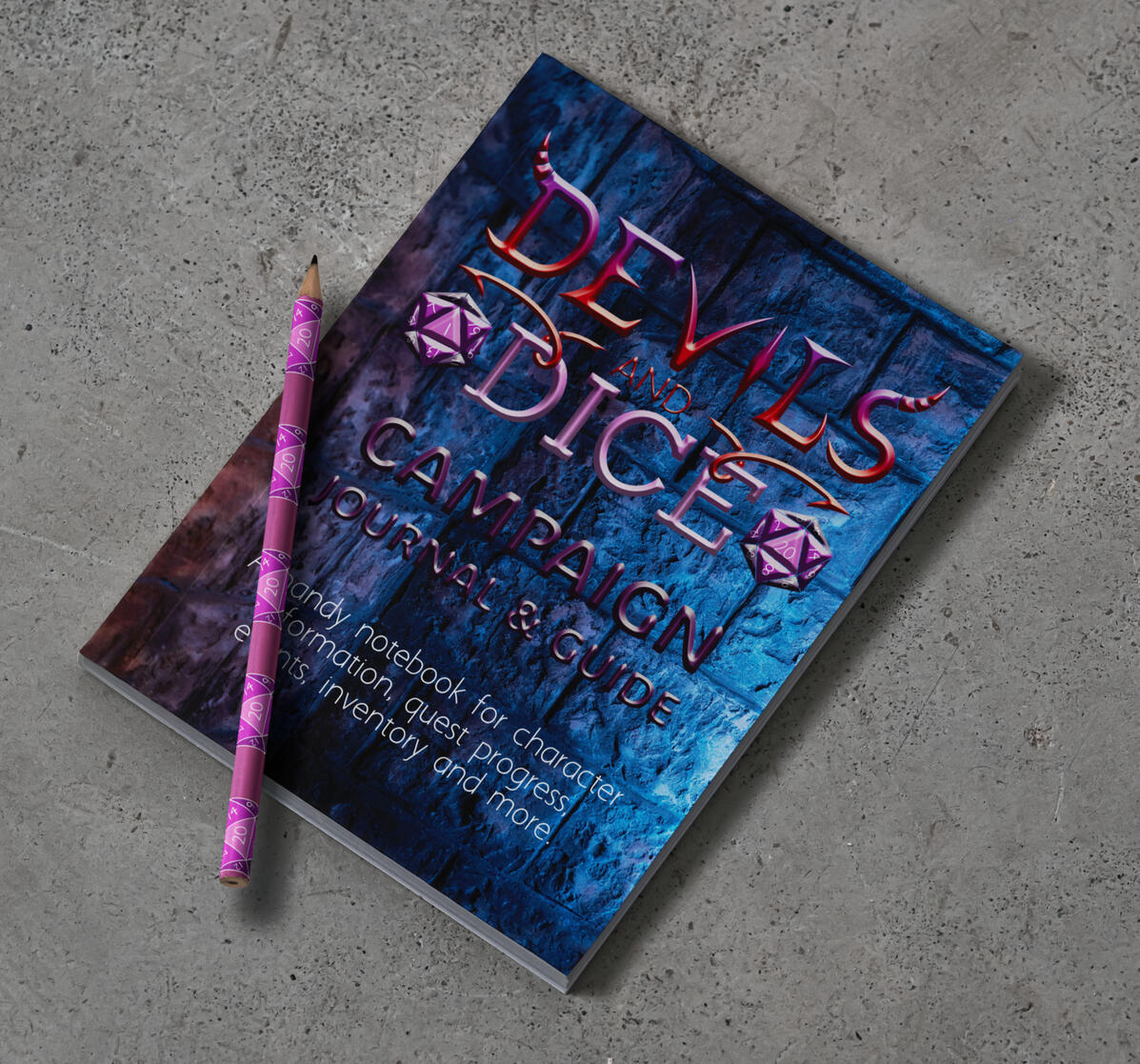 A logo design for the YouTube channel, Devils and Dice. The logo features two purple dice, a purple and pink gradient, and devilsh tails coming off the words.