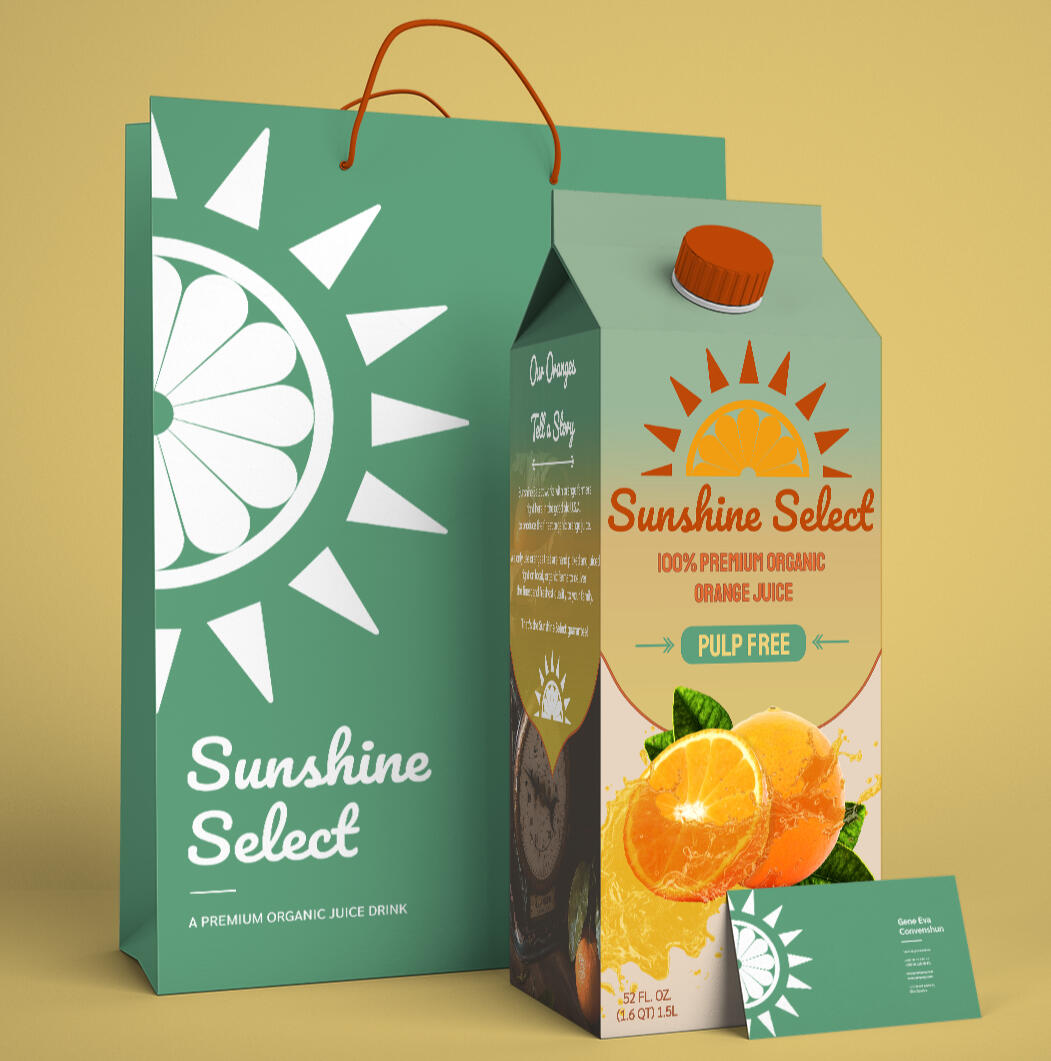 Orange juice packaging design featuring vibrant colors and a fresh, modern layout with a clear image of an orange and a splash of juice.