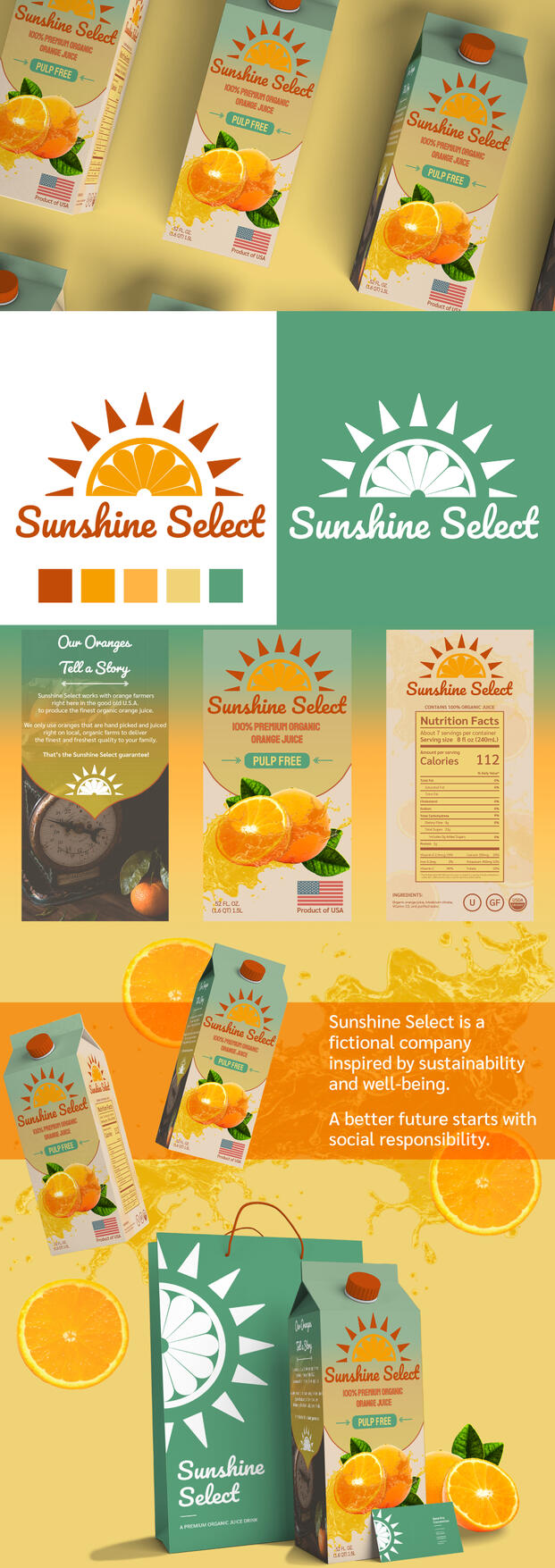 Orange juice packaging design featuring vibrant colors and a fresh, modern layout with a clear image of an orange and a splash of juice.