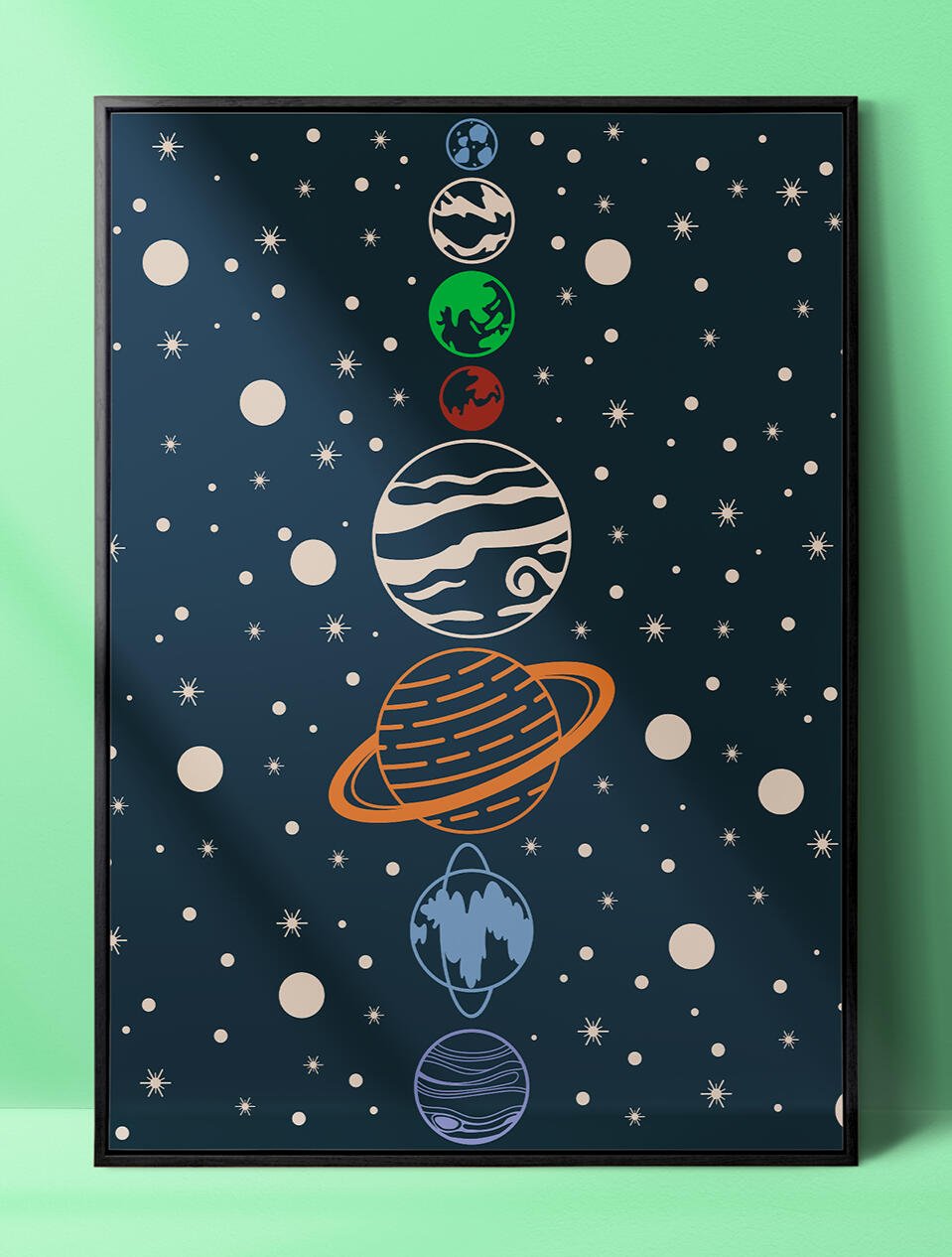 Outerspace Vector Art Vector art of the solar system including all of the planet, stars, and galaxy design against a dark blue background. The artwork is in a black frame against a green background.