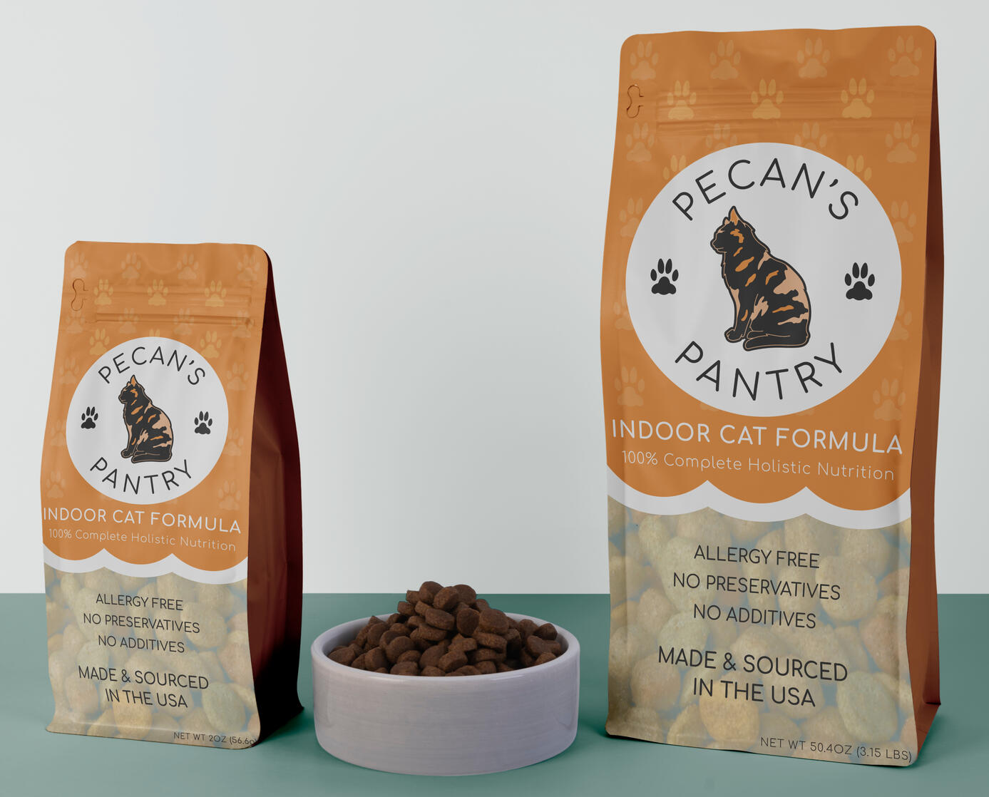 Cat food packaging design with a playful, colorful illustration of a cat, featuring bold typography and a clean layout that highlights the product's ingredients and brand.