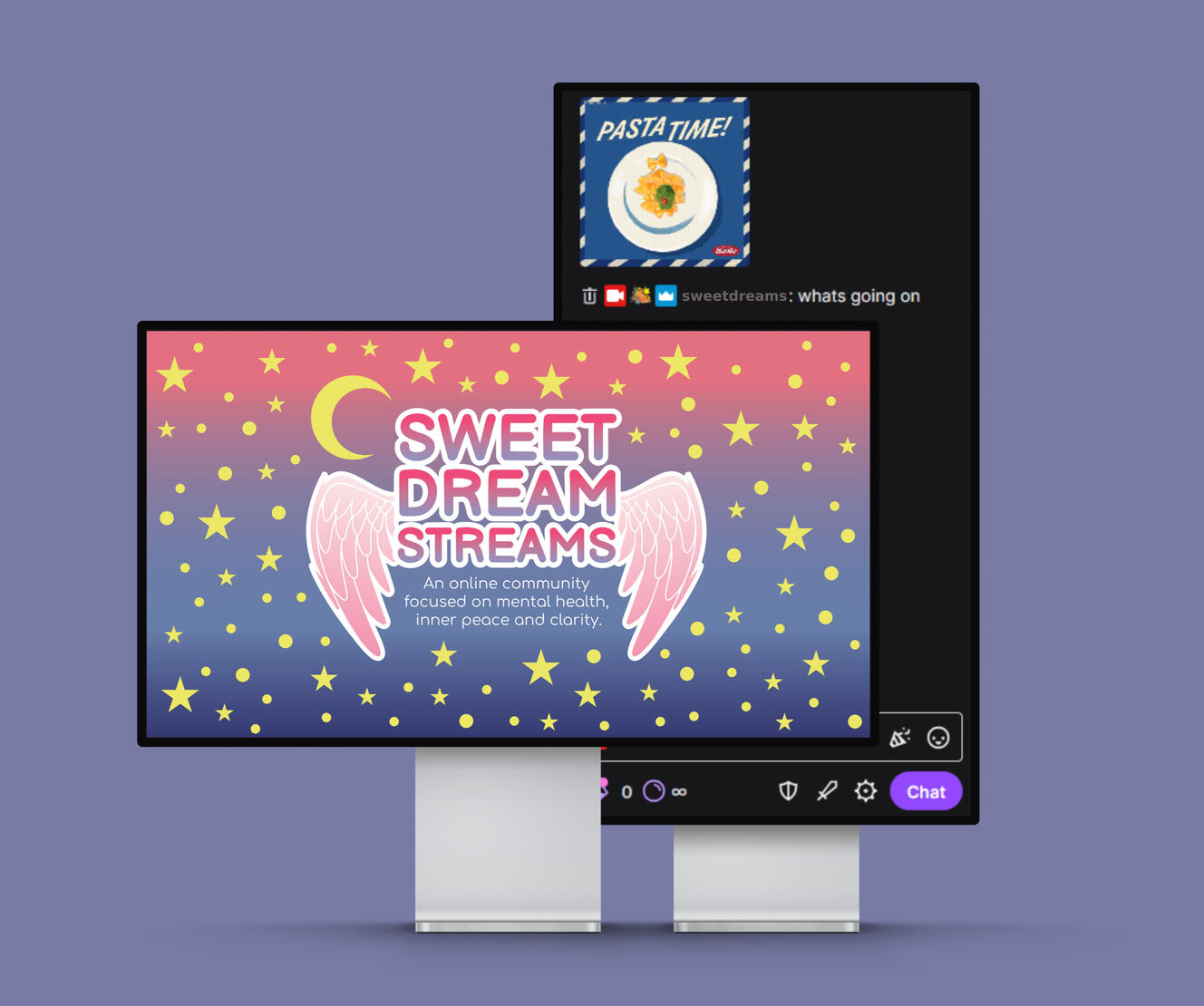 Logo and branding design for Sweet Dream Streams, featuring a dreamy, calming color palette with stylized typography and visual elements that evoke relaxation and tranquility.