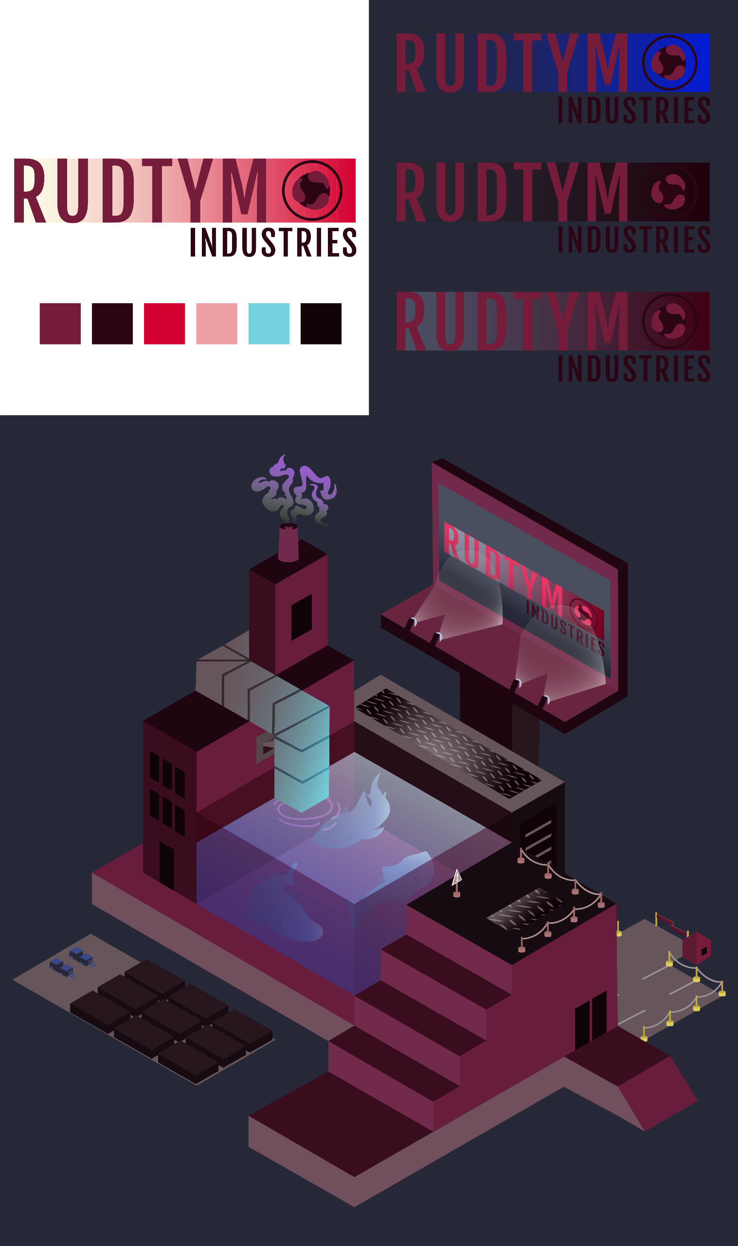 Rudtym Industries- Logo & Isometric Layout Logo and isometric design for Rudtym Industries, featuring a dark and rigid color palette with stylized typography and visual elements.