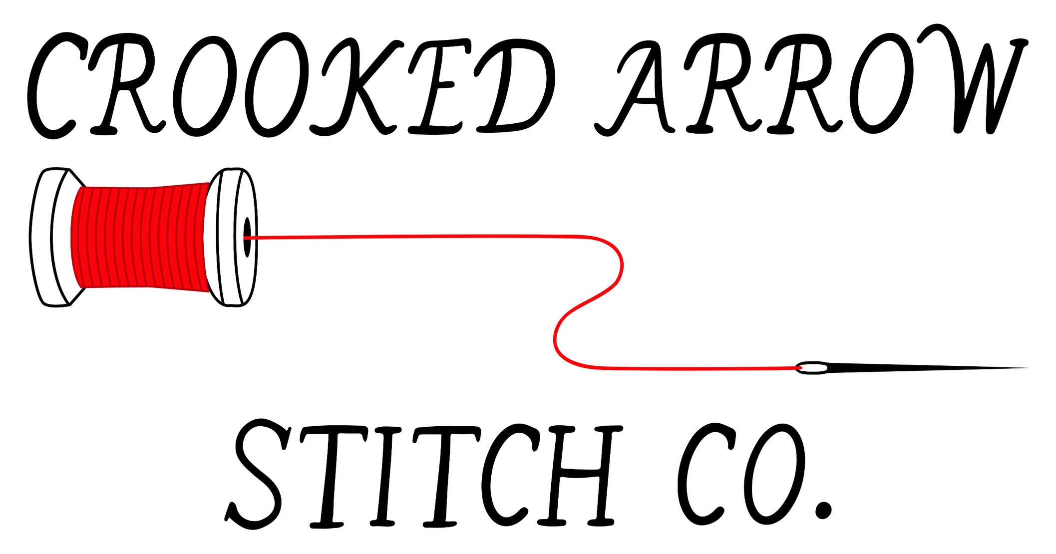 A logo for the embroidery company, Crooked Arrow Stitch Co. The logo features handwritten letters alongside a red spool of thread and needle.