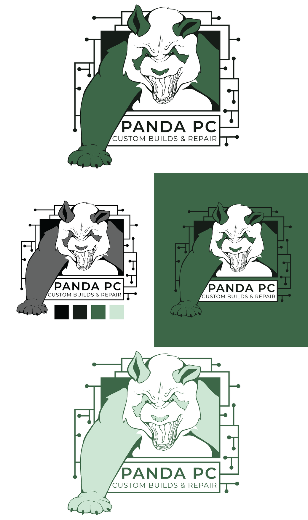 Logo and branding design for PC Panda, featuring a sleek, modern panda icon with bold typography and a tech-inspired color scheme that reflects the brand’s focus on computer products and services.