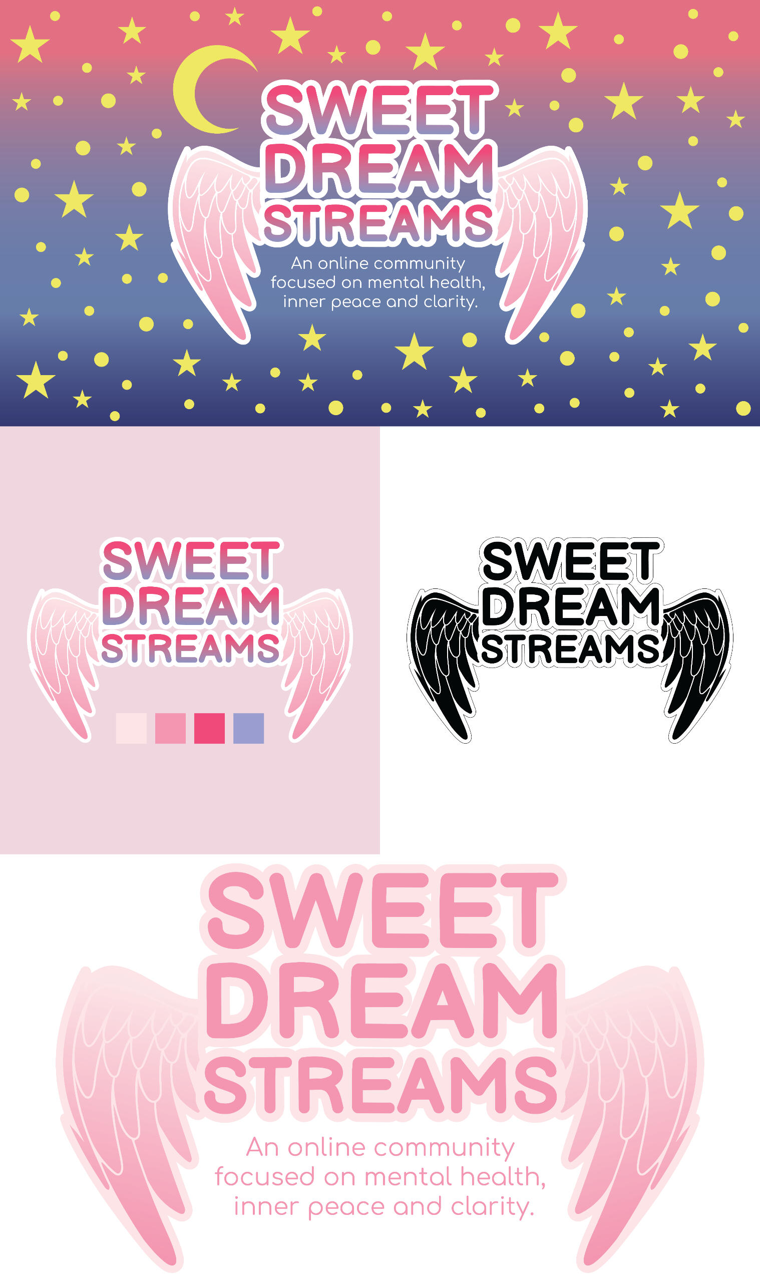 Sweet Dream Streams- Logo Branding Logo and branding design for Sweet Dream Streams, featuring a dreamy, calming color palette with stylized typography and visual elements that evoke relaxation and tranquility.