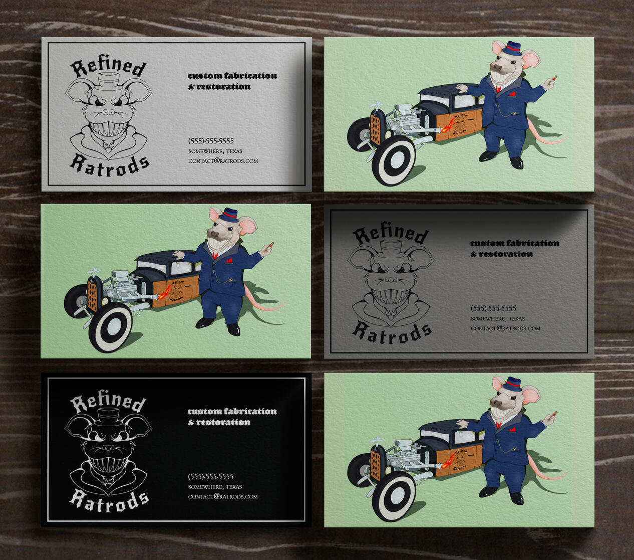 Logo and illustration design for Refined Ratrods, featuring an menacing and simplified rat character next to a car.