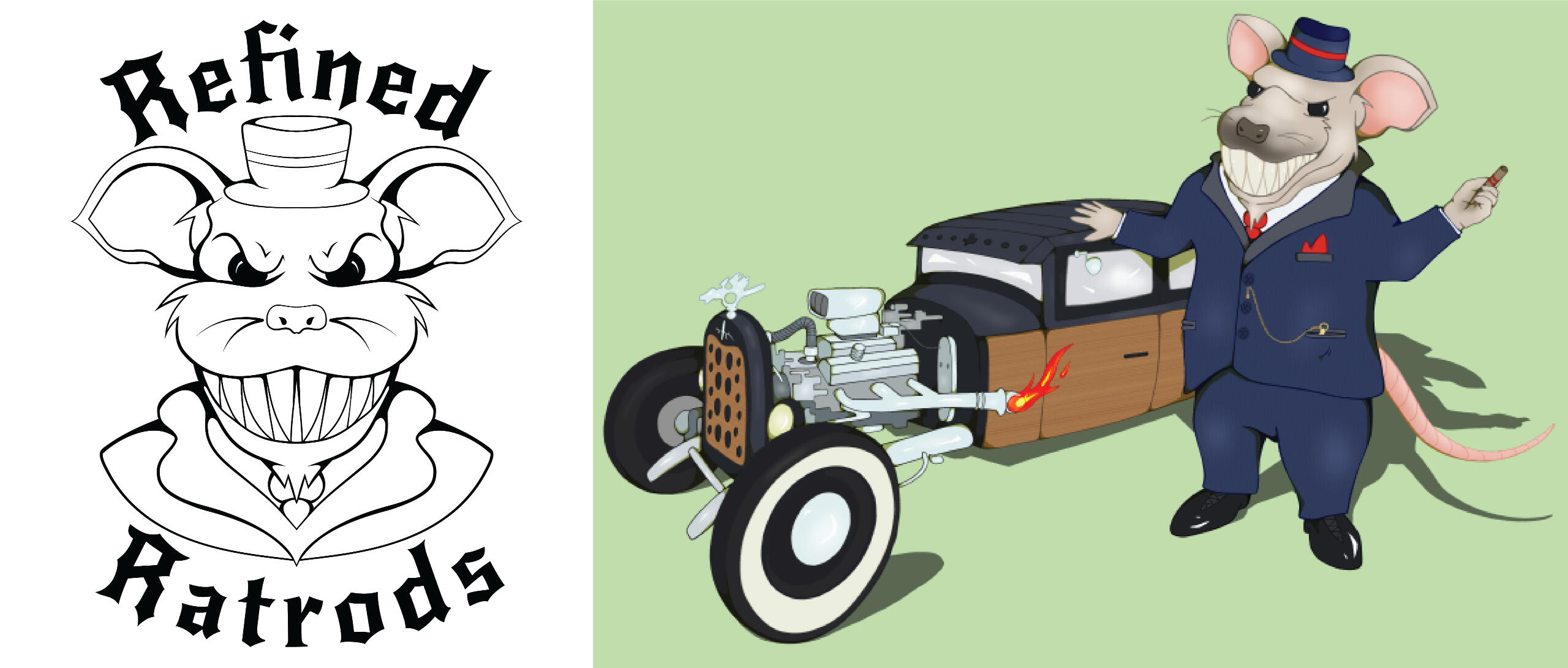 Logo and illustration design for Refined Ratrods, featuring an menacing and simplified rat character next to a car.