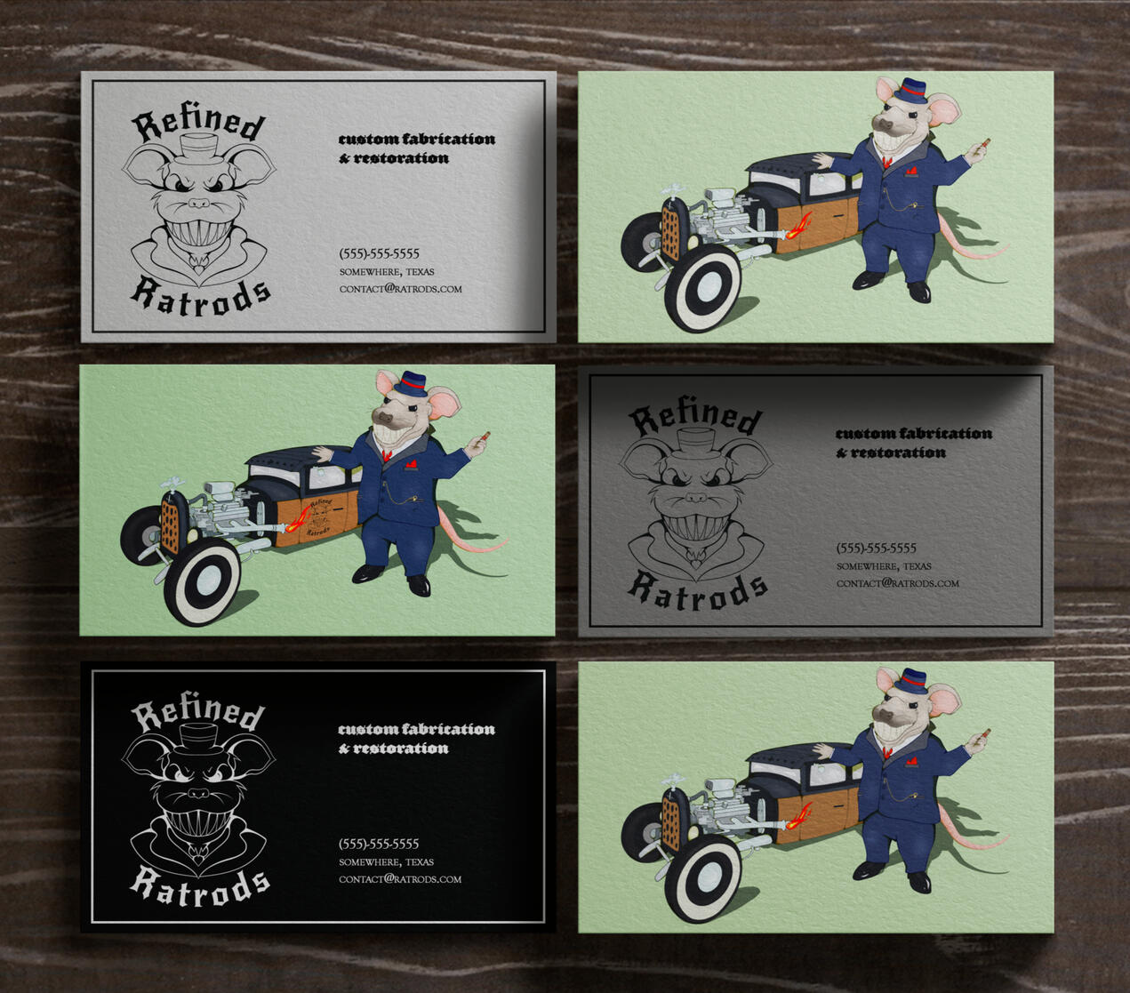 Logo and illustration design for Refined Ratrods, featuring an menacing and simplified rat character next to a car.