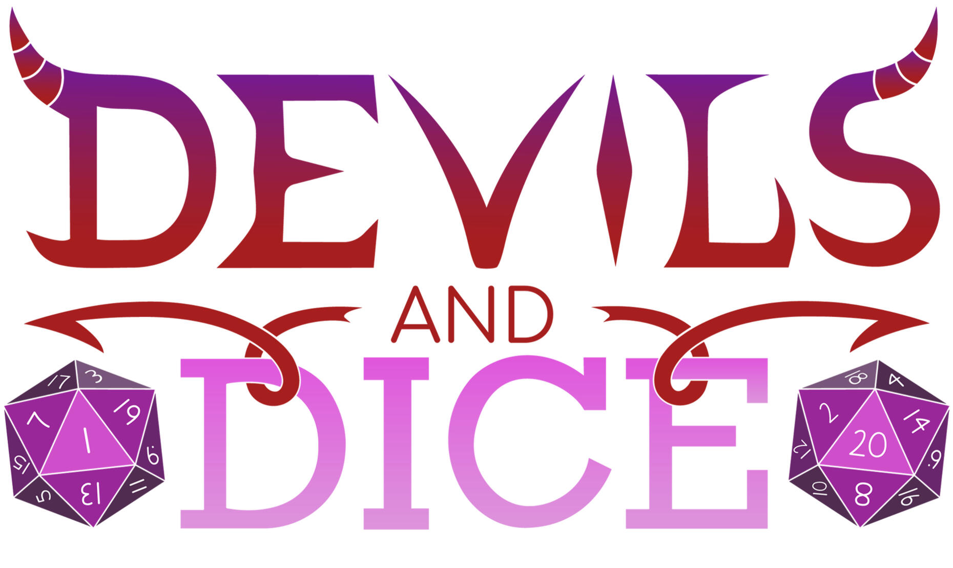 A logo design for the YouTube channel, Devils and Dice. The logo features two purple dice, a purple and pink gradient, and devilsh tails coming off the words.