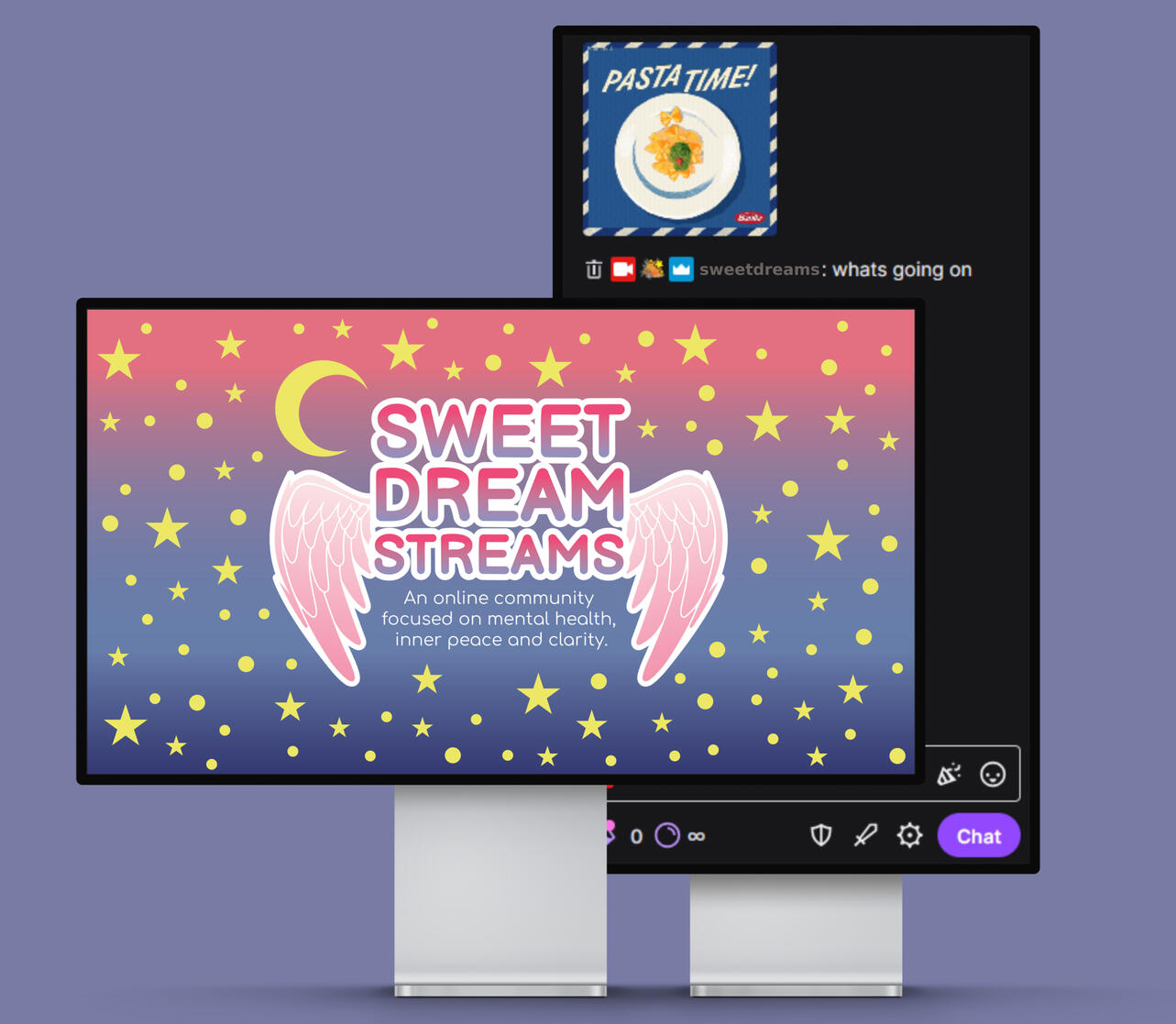Logo and branding design for Sweet Dream Streams, featuring a dreamy, calming color palette with stylized typography and visual elements that evoke relaxation and tranquility.
