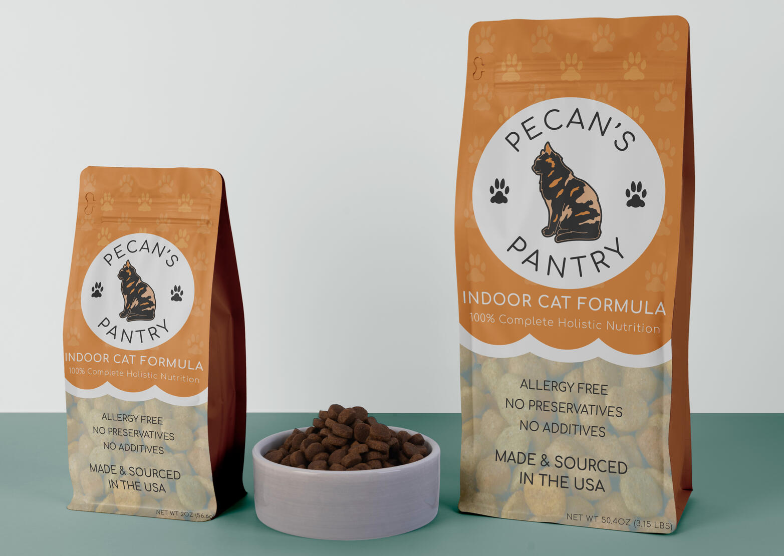 Cat food packaging design with a playful, colorful illustration of a cat, featuring bold typography and a clean layout that highlights the product's ingredients and brand.